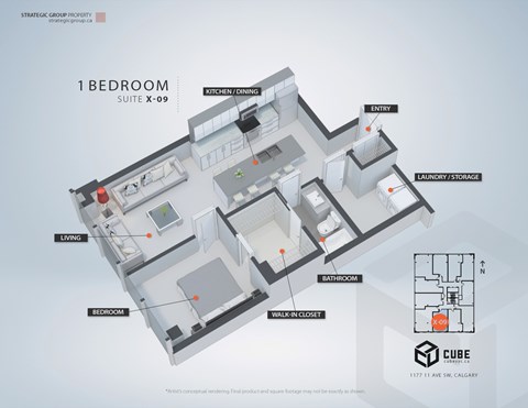 A diagram of a 1 bedroom suite shows the layout of the living, dining, and bedroom areas.